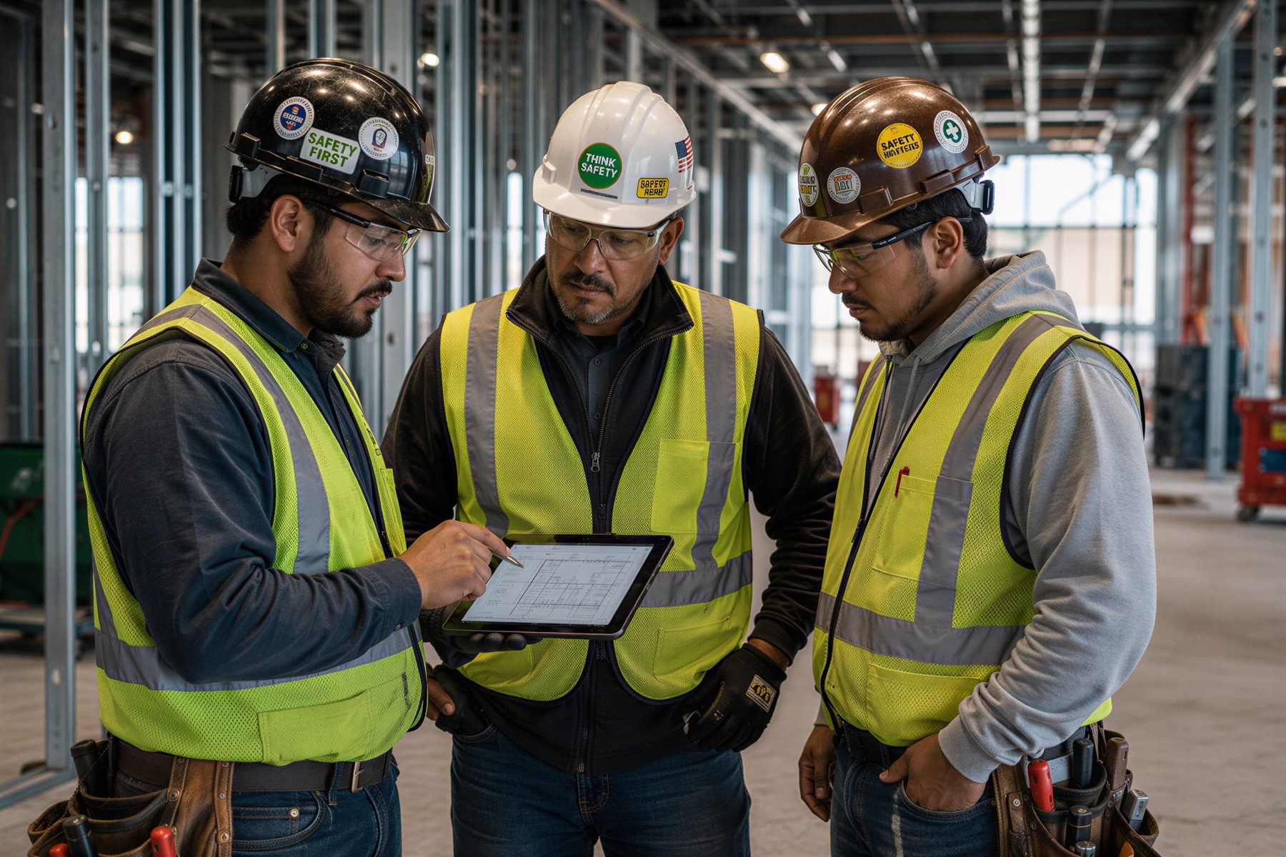 Site team reviewing the plan on a tablet during a commercial build-out